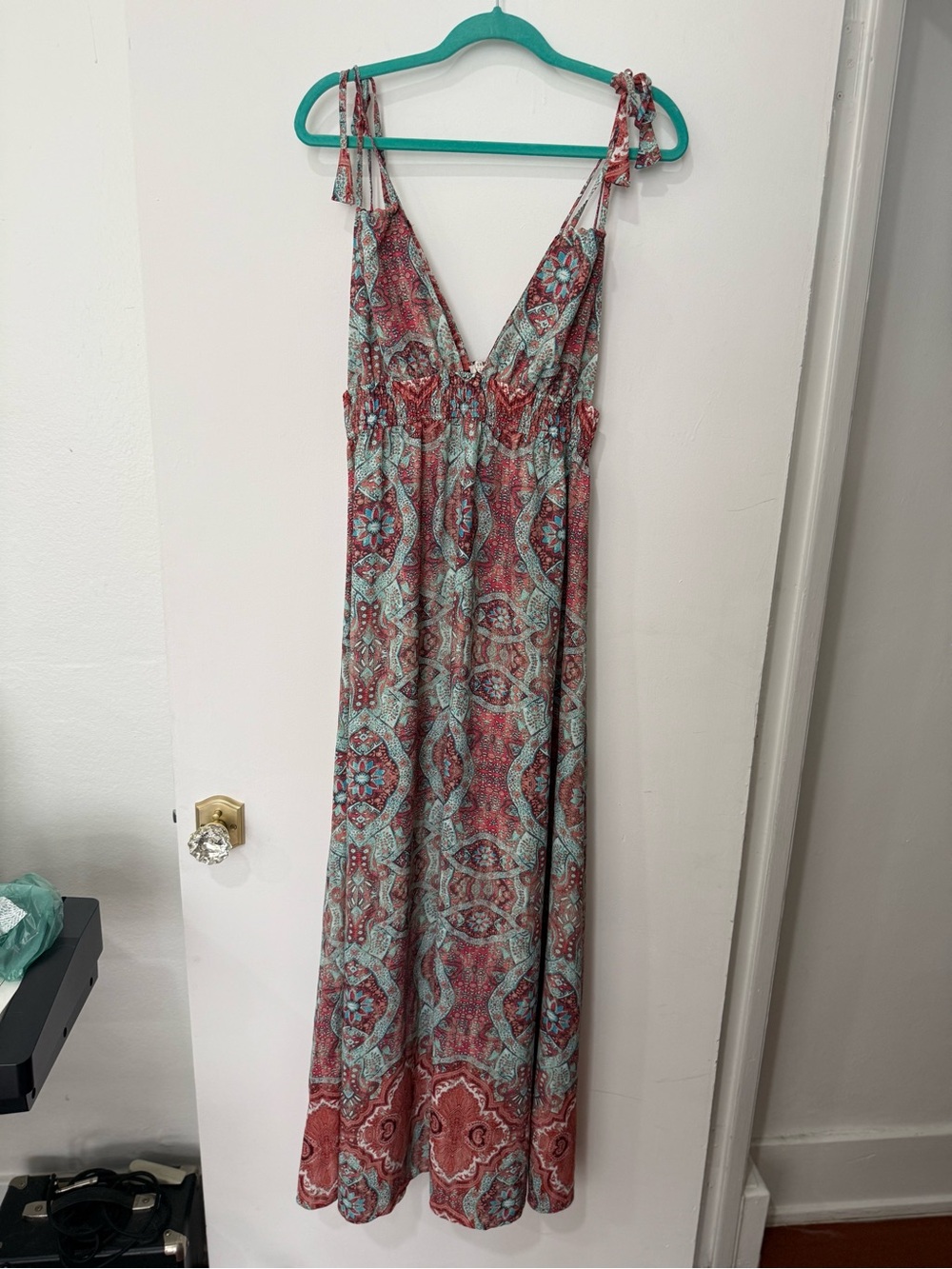 Bohemian Tie-Shoulder Maxi Dress in Rust & Teal